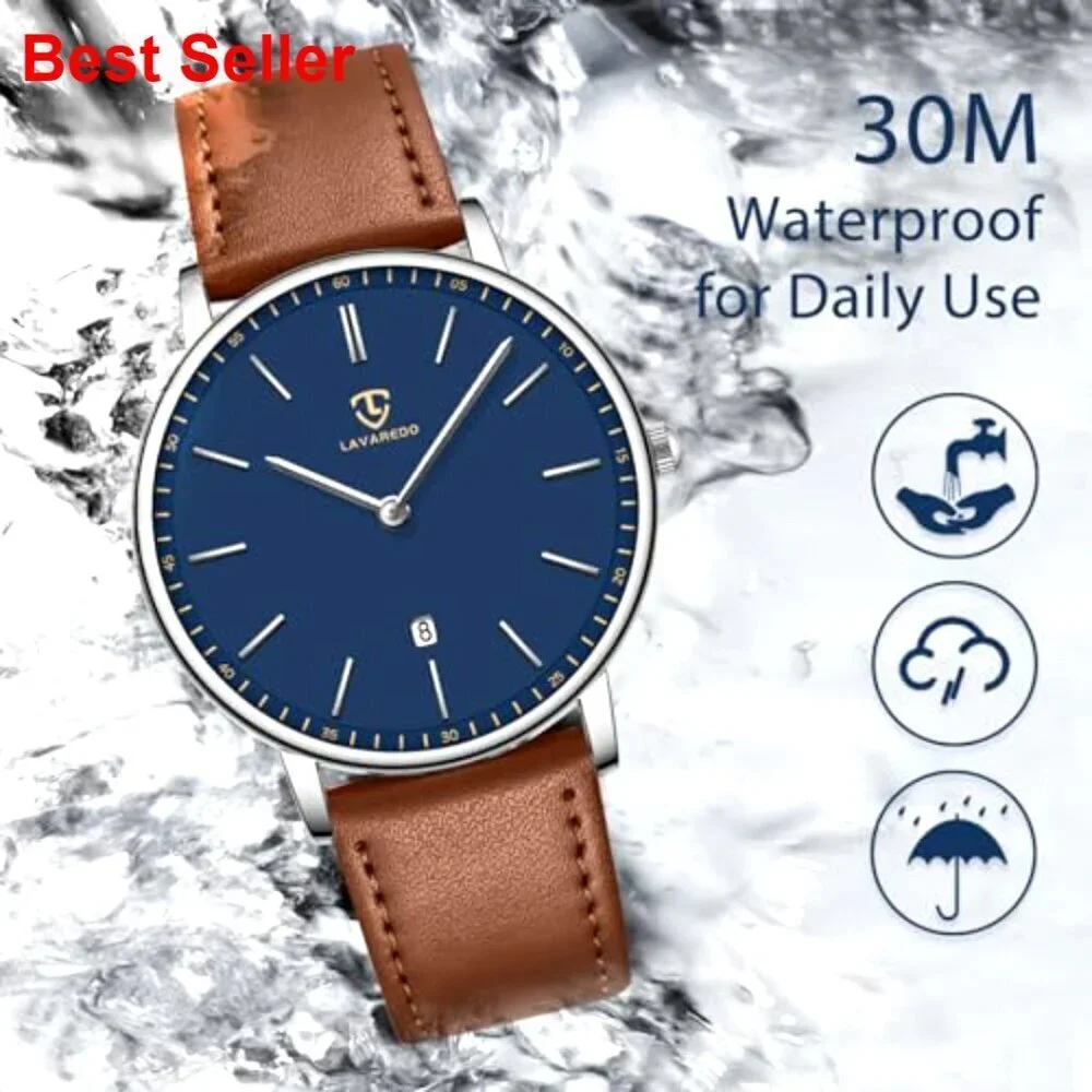 Extremely Thin Minimalist Analog Leather Wrist Watch with Date